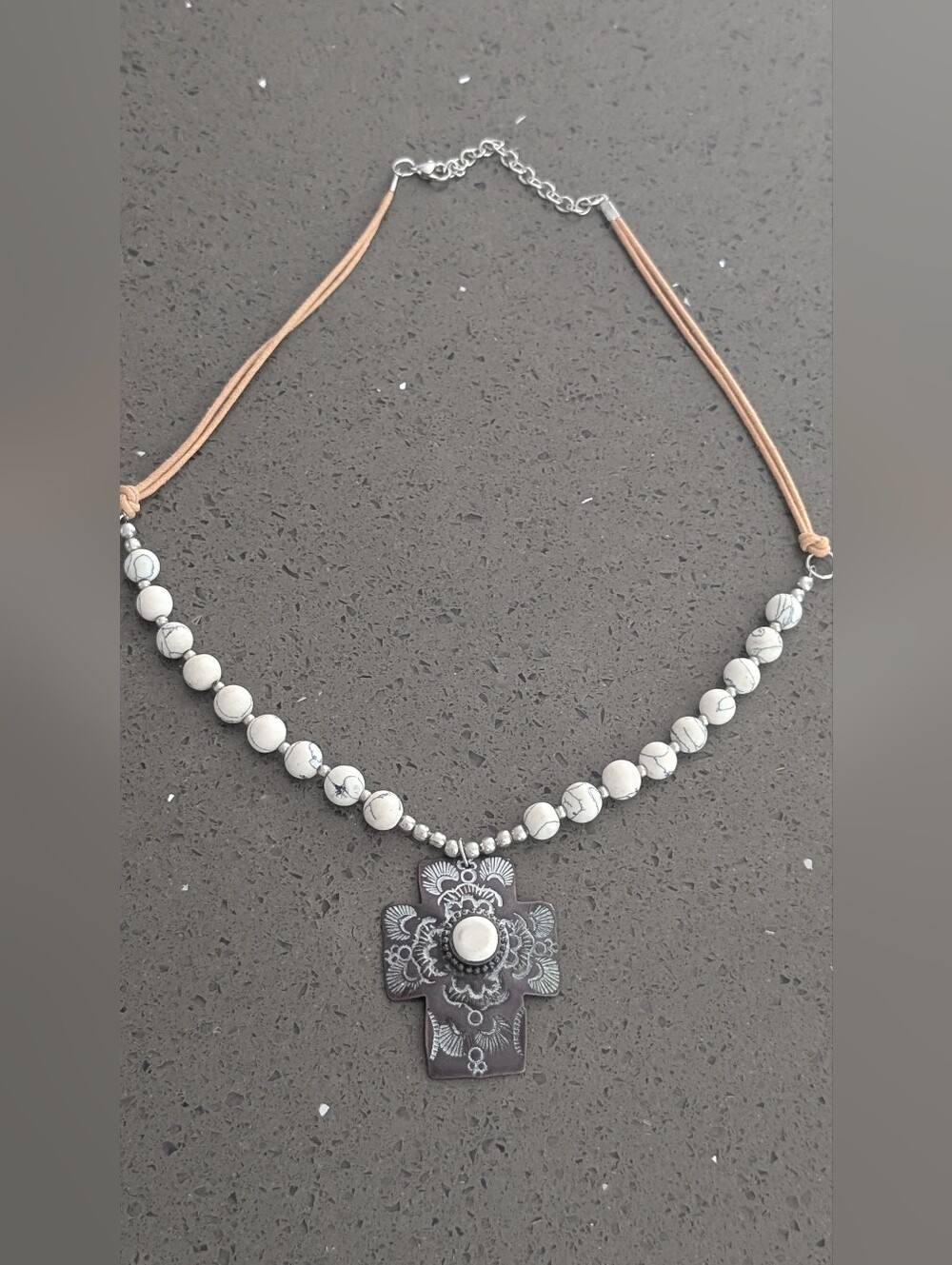 White Howlite Beaded Cross Necklace with Tan Cord - Picture 1 of 5